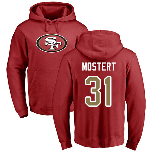 Men San Francisco 49ers Red Raheem Mostert Name and Number Logo #31 Pullover NFL Hoodie Sweatshirts->nfl t-shirts->Sports Accessory
